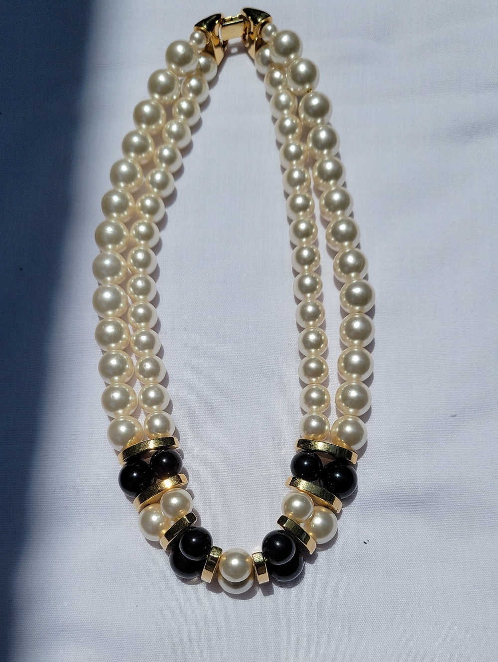 Vintage Napier Elegant Double-Strand  FauxPearl Necklace with Black Accent Beads
